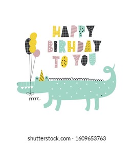 Print with cute alligator. Can be used print for t-shirts, home decor, posters, cards. Vector illustration. Lettering HAPPY BIRTHDAY TO YOU.