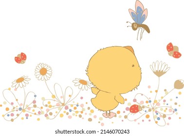 Print cute baby chicken with butterfly.
