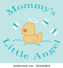 print of cute baby duck swimming, text and blue background