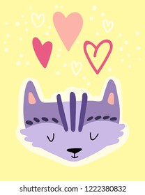 Print with a cute cartoon purple cat. Hand-drawn graphics for the poster, postcard, flyer, children's clothes. Scandinavian style. Vector illustration.