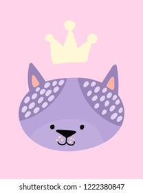 Print with a cute cartoon purple cat. Hand-drawn graphics for the poster, postcard, flyer, children's clothes. Scandinavian style. Vector illustration.