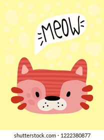 Print with a cute cartoon red cat. Hand-drawn graphics for the poster, postcard, flyer, children's clothes. Scandinavian style. Vector illustration.