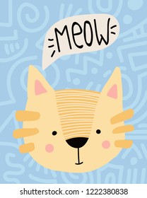 Print with a cute cartoon yellow cat. Hand-drawn graphics for the poster, postcard, flyer, children's clothes. Scandinavian style. Vector illustration.