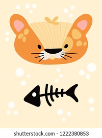 Print with a cute cartoon yellow cat. Hand-drawn graphics for the poster, postcard, flyer, children's clothes. Scandinavian style. Vector illustration.