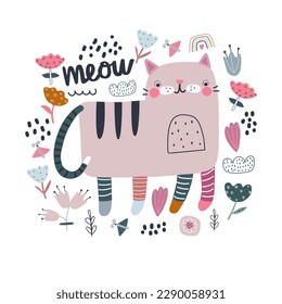 Print with cute cat. Scandinavian style flat design. Concept for children print.