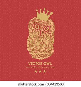 Print with cute and clever owl in crown. Vector illustration.