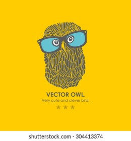 Print with cute and clever owl in glasses. Vector illustration.