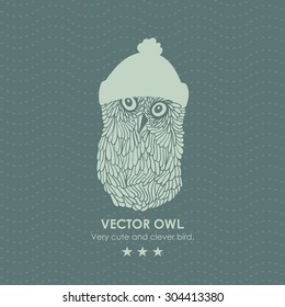 Print with cute and clever owl iwinter hat. Vector illustration.