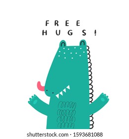 Print With Cute Crocodile. Can Be Used Print Print For T-shirts, Home Decor, Posters, Cards. Vector Illustration. Lettering Free Hugs.