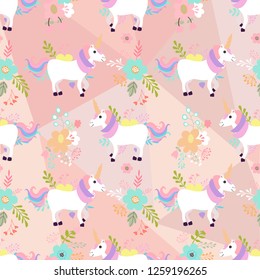 print cute flower unicorn seamless pattern pink pastel background