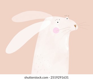 Print with Cute Hand Drawn White Rabbit. Vector Illustration with Funny Bunny. Lovely Nursery Art with White Easter Bunny on a Light Blush Pink Background. Kids Room Decoration. RGB. No text.