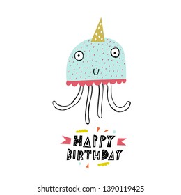 Print with cute jellyfish. Scandinavian style flat design. Concept for children print.