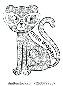 Print cute leopard in black and white version with inscriptions for coloring books. Vector illustration