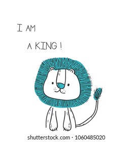 Print with cute lion. Can be used print for t-shirts, home decor, posters, cards. Vector illustration.
