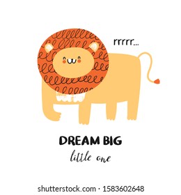Print with cute lion. Can be used print print for t-shirts, home decor, posters, cards. Vector illustration.