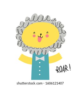 Print with cute lion. Can be used print for t-shirts, home decor, posters, cards. Vector illustration. 