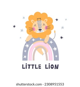 Print with cute lion on rainbow.  Vector illustration.