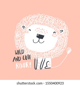 Print with cute lion. Scandinavian style flat design. Concept for children print.