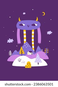 Print with cute monster rises above the mountain valley. Scandinavian poster with abstract funny monster.	