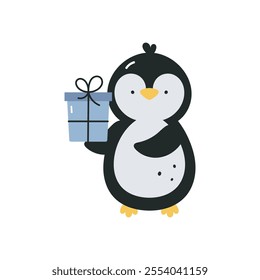 Print with cute penguin. Winter design. Cartoon flat vector illustration on white background. For card, posters, stickers, banners, printing on the pack, printing on clothes, fabric, wallpaper.