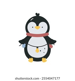 Print with cute penguin. Winter design. Cartoon flat vector illustration on white background. For card, posters, stickers, banners, printing on the pack, printing on clothes, fabric, wallpaper.