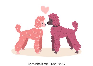 Print with cute poodles. Funny dogs pair in pink and purple colors. Nice pets together. St. Valentines day illustration. February, the 14th. Hand drawn and isolated vector art. Heart shape decor.