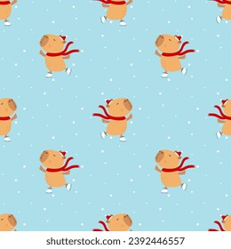 Print with cute skating capybara in a scarf. Funny seamless pattern