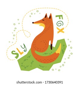 Drucken mit süßem Sly Fox in flachem Design. Vector Illustration im skandinavischen Stil. Konzept für Kinder, Babydruck.