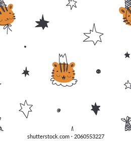 Print with cute tiger. Seamless pattern for fabric, paper, wrapping, clothing, textile, wallpaper.