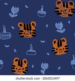 Print with cute tiger. Seamless pattern for fabric, paper, wrapping, clothing, textile, wallpaper. Holiday print.