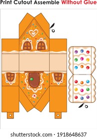 Print cutout assemble without glue. Gingerbread house. 
DIY from paper.