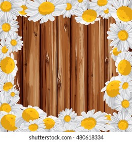 print with daisies and wood