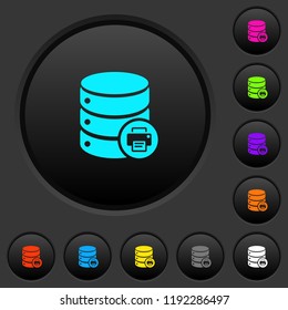 Print Database data dark push buttons with vivid color icons on dark grey background