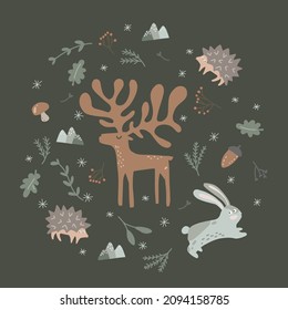 Print deer, hare and hedgehog in circle shape. Nordic style forest for kids. Cute art with funny animals. Black background. Winter print for children's room . Woodland creatures.