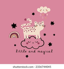 print design for baby fashion with cute cat, rainbow and cloud drawing as vector