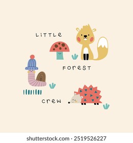 print design for baby fashion with cute worm, hedgehog and squirrel drawing as vector