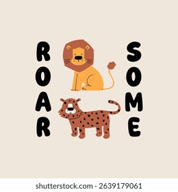 print design for baby tee print as vector with slogan, tiger, lion drawing as vector