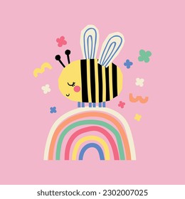 print design for baby textile as vector with cute bee drawing