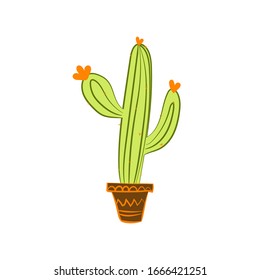 For print design. Beautiful illustration with green cactus on white background. Graphic vector art. Spring decoration. Vector clipart.