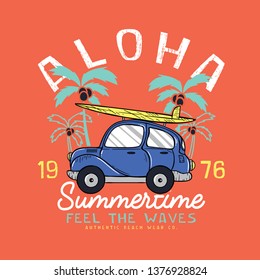 print design with car and palm drawns as vector for kids fashion