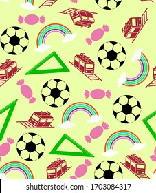 Print design for children's fabrics in pastel colors, green rulers and red wine trains create a unique composition with complementary objects such as a pink sweet and a rainbow.
