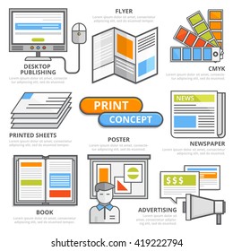 Print design concept, flat line design elements of desktop publishing, flyer, CMYK, offset, poster, printed newspaper, book, advertising. Print illustration, print presentation infographic template.