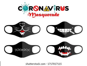 Print design concept on reusable face protection masks. Funny cartoon faces - sewn mouth, fanged mouth, thermometer in the mouth, mask of cat, lion. Illustration, vector