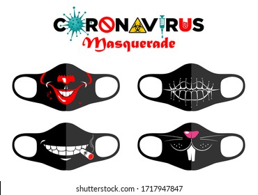 Print design concept on reusable face protection masks. Entertainment during coronavirus quarantine. Funny cartoon faces - sewn mouth, fanged mouth, cigar in the mouth, mask of rabbit. Vector