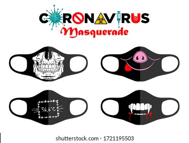 Print Design Concept On Reusable Face Protection Masks. Entertainment During Coronavirus Quarantine. Funny Cartoon Faces - Skull, Vampire Jaws, Fanged Mouth, Temperature Patch, Mask Of Piggy. Vector