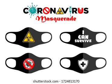 Drucken Sie das Design-Konzept auf wiederverwendbaren Gesichtsschutzmasken. Unterhaltung während der Quarantäne von Coronavirus. Biogefährdungszeichen, das Zeichen verbietet, Überlebendenmotto, medizinisches Schild. Illustration, Vektor