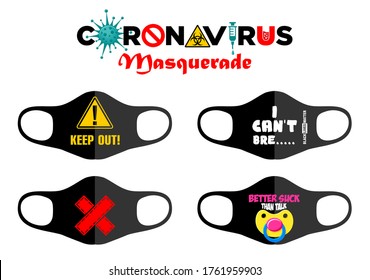 Print design concept on reusable face protection masks. Entertainment during coronavirus quarantine. Warning sign, survivor motto, patch, baby dummy, slogan. Illustration, vector