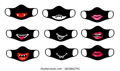 Print design concept on reusable face protection masks. Funny cartoon faces - fanged mouth, smiling lips, kiss. Illustration, vector
