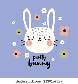diseño de impresión con una linda cabeza conejita y dibujos de flores como vector