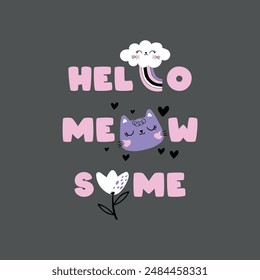 print design with cute cat and flower drawing as vector